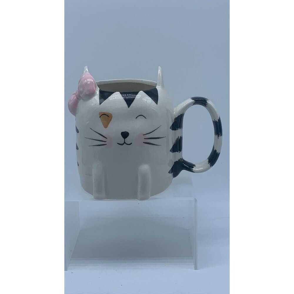 Best Friends Kitty Cat Coffee Mug, Wrap Around Tail Handle and Pink Bow - Made i